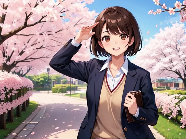 1girl, short brown hair, brown eyes, school uniform, cherry blossoms, walking, school, medium brests, best quality, Masterpice, smile