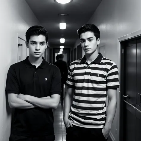 2 boys, standing in the hallway. The one boy wearing brown shirt and the other is wearing polo shirt in black and white vertical stripes