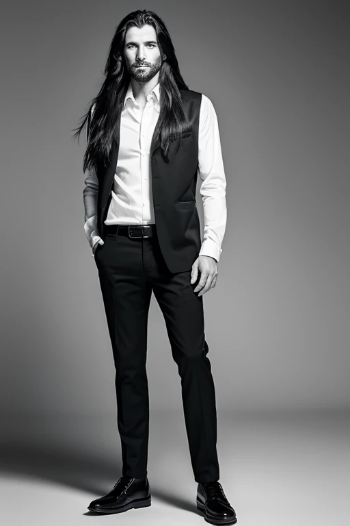 long haired man,Full body portrait in black and white,White background