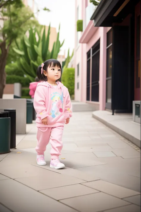 There was a little girl standing on the sidewalk, Side view of her taking steps, Wear long, flowing clothes, young asian girl, Take a walk in the garden, Lovely young lady all over, Side portrait of a girl walking, Gamine, toward to the camera, The girl st...