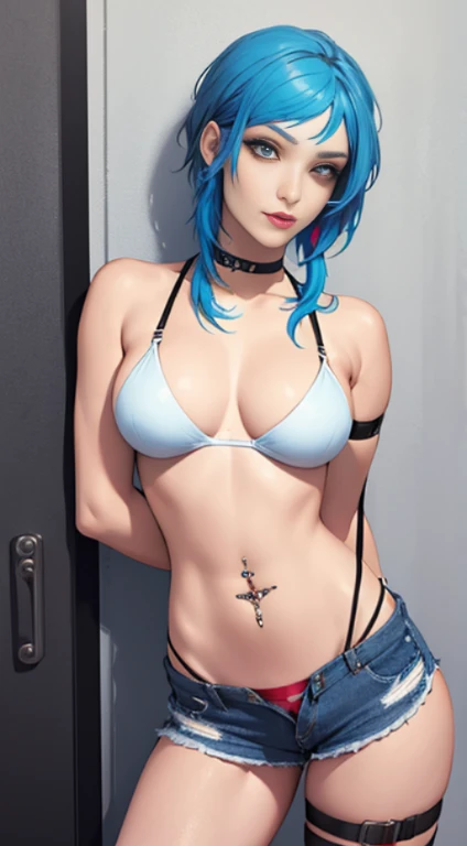 Chloe price, masterpiece, bestquality, 1girls, oversized breasts, bara, crop top, shorts jeans, choker, (visible thong straps:1.5), color splashes, arm behind back, against wall, looking at the audience, bracelet, Thigh strap, Paint on the body...............