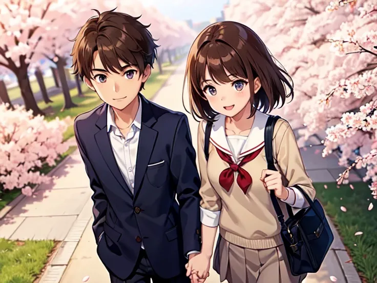 1girl, 1boy, short brown hair, brown eyes,  blue eyes, school uniform, cherry blossoms, walking, school, holding hands, best quality, Masterpice, smile