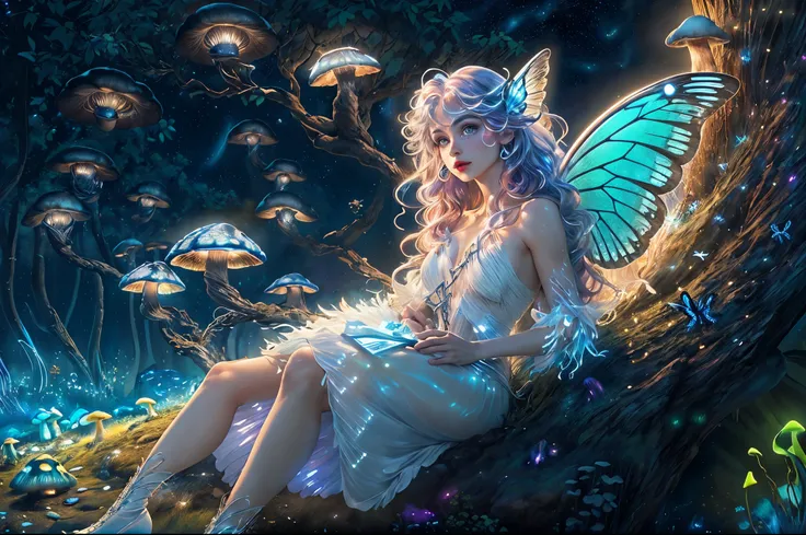 A picture of an exquisite and beautiful female fairy sitting on (bioluminescent mushrooms: 1.4)  Under the starry night sky in the forest, dynamic angle (ultra - detailed, tmasterpiece, Best quality at best), Ultra-detailed face (ultra - detailed, tmasterp...