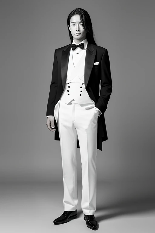 long hair japanese man,Full body portrait in black and white,Black tuxedo