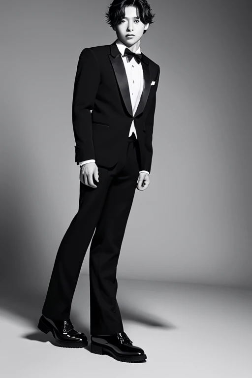 japanese male,Full body portrait in black and white,black tuxedo with black bow tie