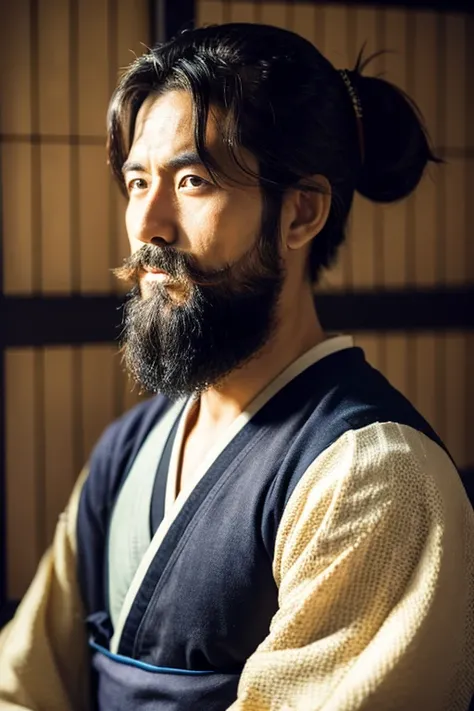 samurais,Portrait of a bearded Japanese man