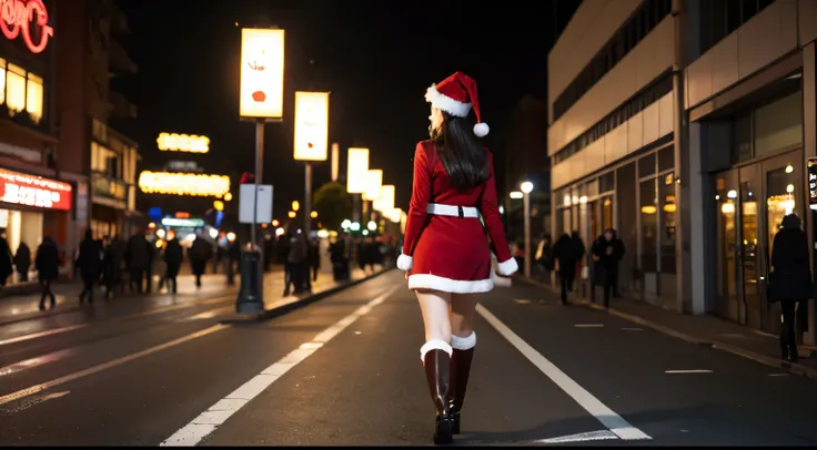 santa claus、femele、a miniskirt、Rear view、Walking around the city