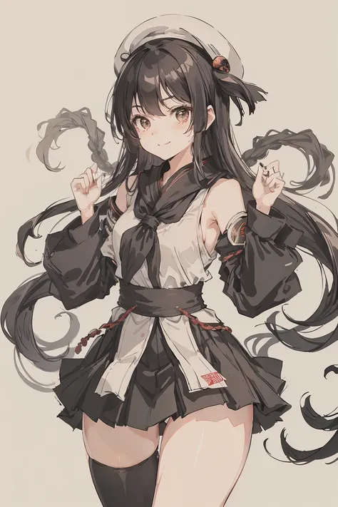 sparrow, a black haired girl, wearing a ninja clothes, long hair, hair, black skirt, black ninja uniform, slim body, teen, curious face, praying pose, seductive smile, mini skirt, white beret, medium breasts, white stocking