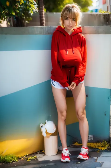 (masterpiece), best quality, highres, ultra-detailed, 1girl, Japanese,Slender body, large breasts, large hip,street, wall, graffiti, mural, red hoodie, open clothes, open hoodie, Blonde very short messy hair, (red binding shorts:1.2),black bra, sports bra,...