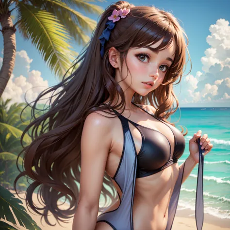 Cute girl with long brown hair, wearing swimsuit, beside the beach, high quality, anime, 4K points --auto --s2