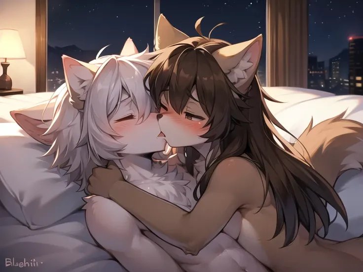 Best quality, Masterpiece, 1Wolf Girl, 1Wolf Boy, brown fur, furry anthro, kissing, in a bed, blushed face, close eyes, night,