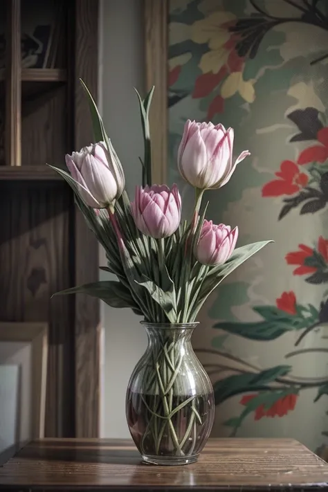 Camouflage pattern background、tulip flowers in vase,Andy Warhol