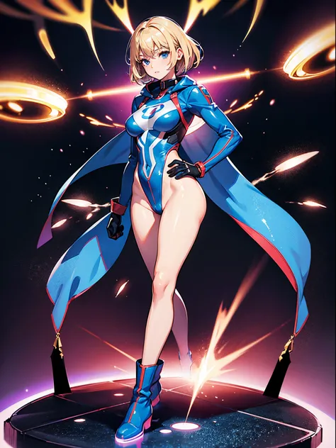 1girl, superhero, mature woman, leotard, bare legs, boots, gloves, atoms, glowing body, light surrounding her body, light particles, space backdrop, standing, hand on hip, cowboy shot, full body shot, superpower.