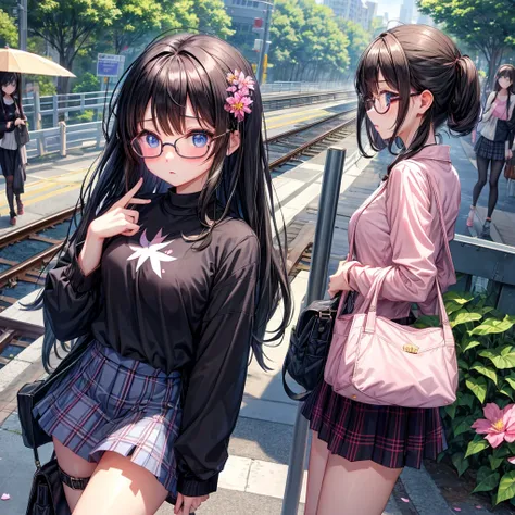 A dark-haired、blue eyess、one good looking girl、独奏、animesque、lightly dressed、Plaid miniskirt、flower petals、wetting hair、Black T-shirt、large tree、云、railroad crossing、Boken、耳环、pink glasses