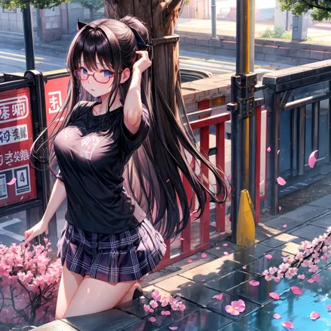 A dark-haired、blue eyess、one good looking girl、独奏、animesque、lightly dressed、Plaid miniskirt、flower petals、wetting hair、Black T-shirt、large tree、云、railroad crossing、Boken、耳环、pink glasses