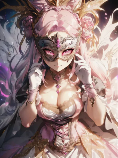 ((Silver and pink hair)),(Long braided hair),((She is wearing a mask like one would wear at a masquerade ball.......)),((Mask to cover the eyes)),((Show off your body line beautifully、One-piece dress with a flowing silhouette,Pink, silver and gold dress)),...