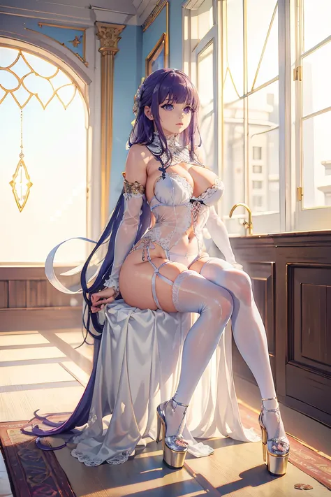 ((masterpiece, high resolution, better quality, better details, anime)), a girl sitting on the bed, sexy lingerie, ((white lingerie)), thong, big neckline, garter belts, white stockings, ((platform high heels)), white choker, purple hair, straight hair, lo...