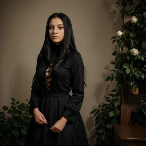 1girl, A beautiful young woman with long black hair. She is wearing a long-sleeved high-neck black dress. Black roses surround her. In the background black roses. Extremely detailed, high-quality, hyper-realistic, masterpiece photography.