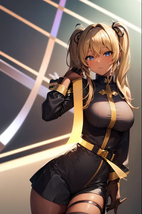 Female gyaru, twintails Blonde hair, Blue eyes, dark brown skin, large breasts, wearing an outfit like houshou marine