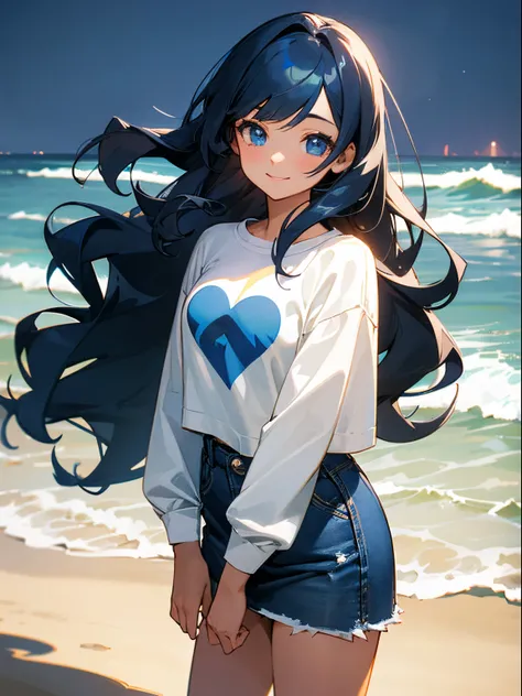 A beautiful girl with long wavy dark blue hair, side-swept bangs, blue eyes, light skin, smiling, standing up, wearing a black long-sleeved t-shirt with a white heart pattern on it, denim skirt, at the beach, night time.