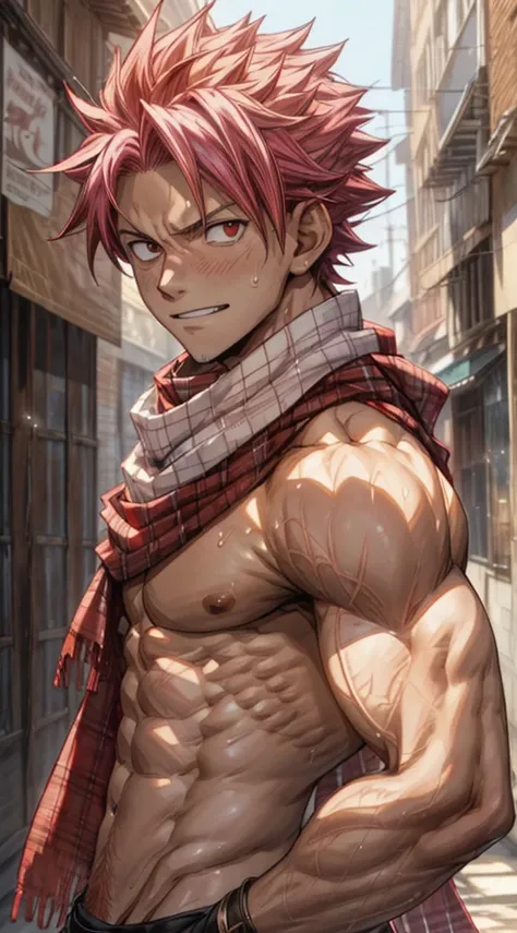 masterpiece, best quality red eyes, game cg, 1boy naked and V-Line sweating, solo, male focus, (looking at viewer), upper body open shirt, natsu_dragneel Natsu Dragneel smirking , vibrant pink hair, brown eyes, open shirt ((white:1.2, scarf:1.2)), toned mu...