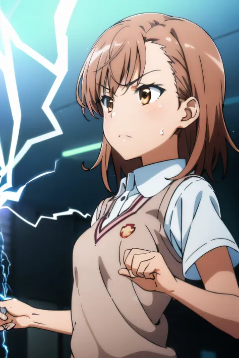 misaka_mikoto, electricity, school_uniform, 1girl in, tokiwadai_school_uniform, electrokinesis, psychic, lightning