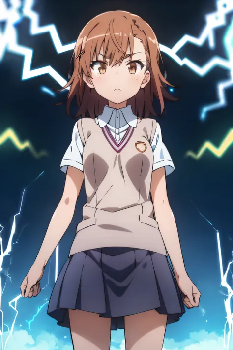 misaka_mikoto, electricity, school_uniform, 1girl in, tokiwadai_school_uniform, electrokinesis, psychic, lightning