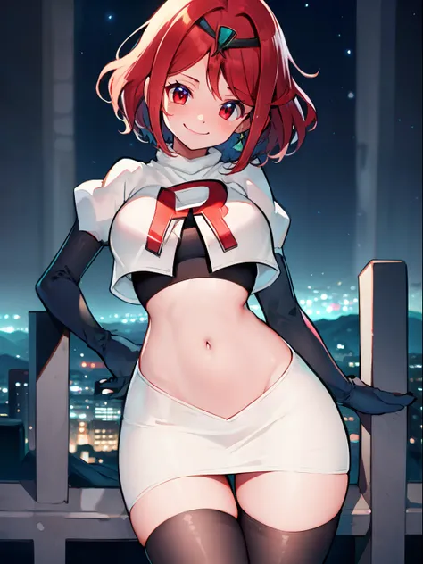 pyra, team rocket uniform, red letter r, white skirt,white crop top,black thigh-high boots, black elbow gloves, red letter r on ...