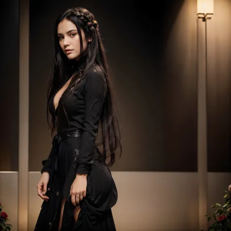 1girl, A beautiful young woman with long black hair. She is wearing a long-sleeved high-neck black dress. Black roses surround her. In the background black roses. Extremely detailed, high-quality, hyper-realistic, masterpiece photography.