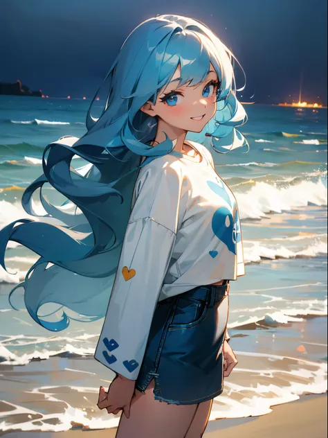 A beautiful girl with long wavy ocean blue hair, side-swept bangs, blue eyes, light skin, smiling, standing up, wearing a black long-sleeved t-shirt with a white heart pattern on it, denim skirt, at the beach, night time.