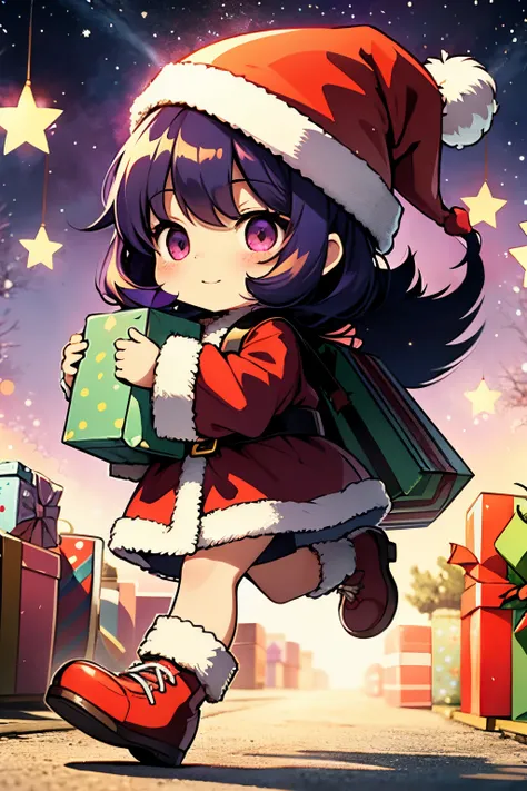 Santa Claus happily carrying presents、Santa is a pretty girl、Chibi Doll、Stars in the eyes（kirakira）、Eye Up、Long Black Hair、Laugh、Cute red shoes、foco nítido, Ultra Detail, radiant light、bio luminescent、Taken from the side、purple color  hair、the bats