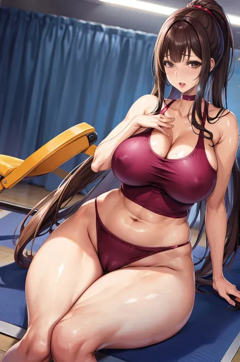 Tight gym clothes，no-bra，Panties，Gymnastics equipment room，Anime style image of a woman sitting with legs apart on a mat, [ 4 k digital art ]!!,  seductive anime housewife, Big, Black-brown hair，Iridescent see-through lingerie，My whole body is wet，Smooth A...