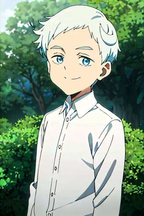 Norman, Neverland, 1boy, Solo, Upper body, Nature, Looking at Viewer, Short hair, Blue eyes, Shirt, Smiling, White shirt, White hair, Grey Hair, Male Focus, Outdoors, Collared shirt, Anime coloring,