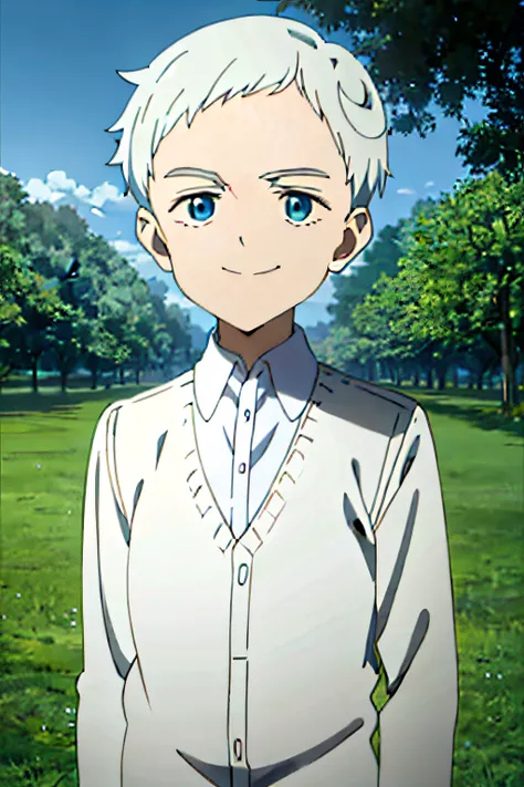 Norman, Neverland, 1boy, Solo, Upper body, Nature, Looking at Viewer, Short hair, Blue eyes, Shirt, Smiling, White shirt, White hair, Grey Hair, Male Focus, Outdoors, Collared shirt, Anime coloring,