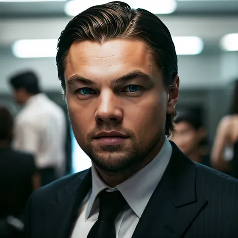 "Create an image depicting Leonardo DiCaprio at 35 years old, 『wolf of wall street』captures the essence of his role as Jordan Belfort in.Wearing a sophisticated black suit and black and white striped tie、Imagine a person who is well dressed。, Reflects the ...