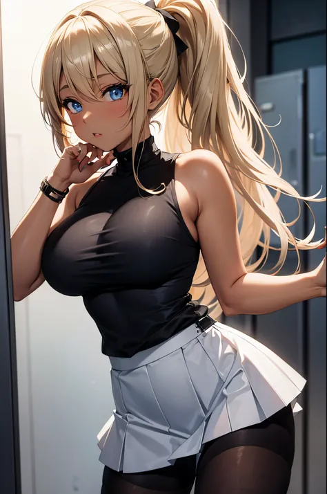 Female gyaru, Ponytail Blonde hair, Blue eyes, dark brown skin, large breasts, wearing a black sleeveless top, white skirt and tights