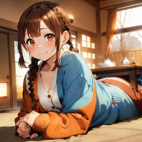 ((Brown hair)),((Braided shorthair)),(With bangs),((Pigtails)),((Brown eyes)),Slight red tide,(Relax at the kotatsu),((Prone)),(Sleepy face),(Smile slightly),((Fluffy kotatsu made of blue fabric)),(orange on the table),((white thick long sleeve cardigan)),