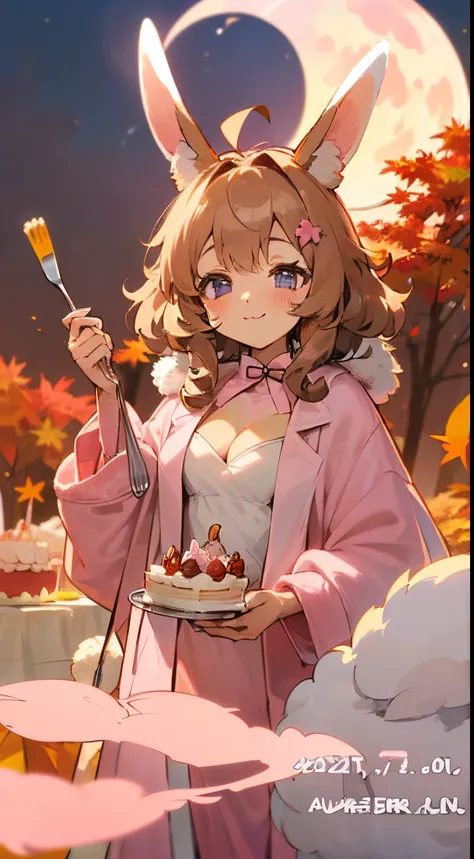 Cute, (1 girl:1.1), Solo, (light brown hair:1.3), Medium Hair, Wavy Hair, Purple eyes, A big smile, Ahoge, (Rabbit ears:1.4), (Rabbit tail:1.3), Princess Cut, (Fluffy muffler:1.8), (light pink cook coat:1.6), (Autumn clothes:1.6), (Chibi:1.0), (Slouch:1.4)...