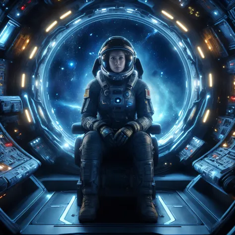 a close up of a person sitting in a space station, powerful woman sitting in space, sitting sad in spaceship, in a scifi movie, an epic scifi movie still, from a 2 0 1 9 sci fi 8 k movie, still from a ridley scott movie, sci-fi cinematic movie still, stunn...