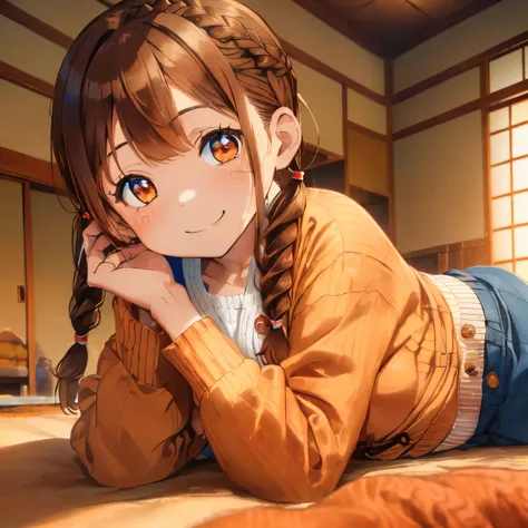 ((Brown hair)),((Braided shorthair)),(With bangs),((Pigtails)),((Brown eyes)),Slight red tide,(Relax at the kotatsu),((Prone)),(Sleepy face),(Smile slightly),((Fluffy kotatsu made of blue fabric)),(orange on the table),((white thick long sleeve cardigan)),