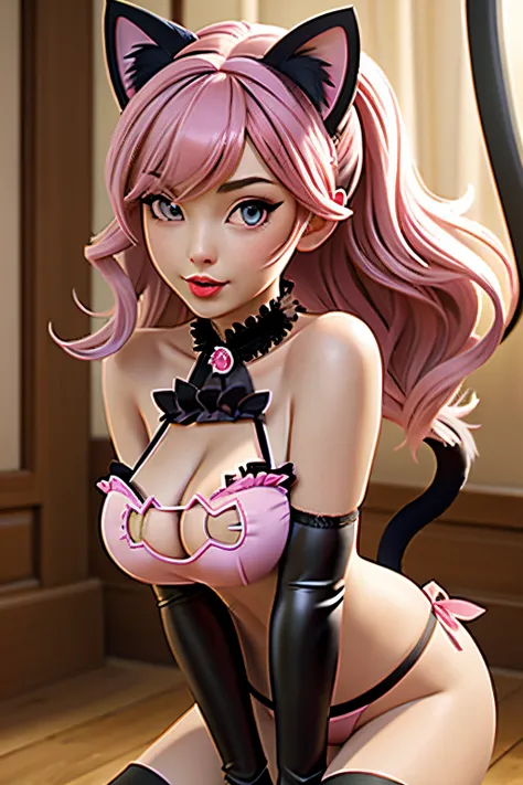 ((Masterpiece, best quality)),edgQuality,cat cutout, cleavage cutout,
edgcatlingerie, a woman with pink hair ,wearing edgcatlingerie