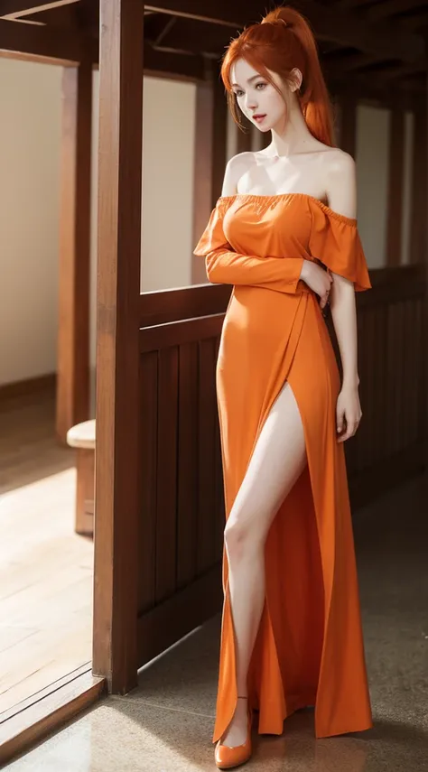 A beautiful woman standing, wearing ((Off Shoulder Maxi Dress, Flats)) , pale skin, smooth pale skin, skin tune red, perfect body, detailed body, cute face, orange hair, ponytail hair