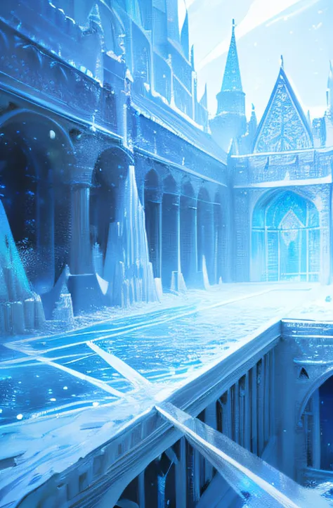 Icy kingdom, crystal palace on a snowy mountain, blizzard, snowy weather, ice castle, frozen ，low-saturation，pale-blue( reasonable design, Clear lines, High sharpness,Best quality, Very detailed, Masterpiece, movie light effect, 4K )