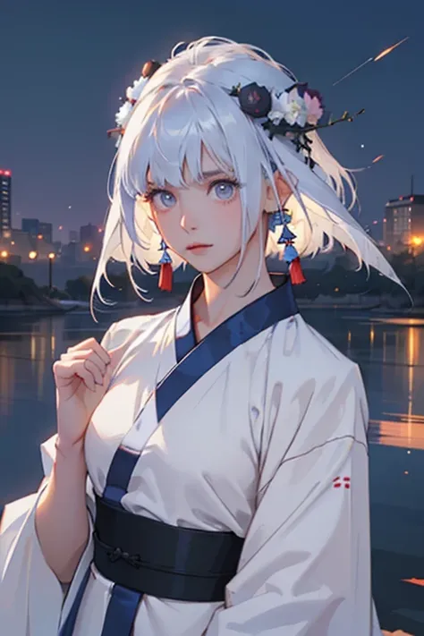 Best Quality, masutepiece, hight resolution,, 1girl in, Detailed face, (Upper body:1.6), Cyber Cities, mountains and rivers, Night, firefly lights, Realistic, Rich in detail, (white hanfu:1.2), (Beautiful body:1.4),