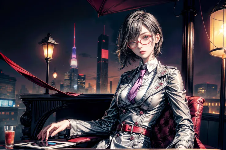 Cinematic lighting,super detailed skin、Beautiful detailed eyes、Best Quality,cyberpunked,(Alternative、dim colors, Soothing tones、Perfect Anatomy:1.3),(1beautiful woman、Detailed beautiful facial features、独奏:1.3)（black hair shorthair、eye glass:1.5）BREAK.
Gray...