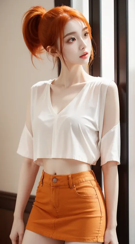 A beautiful woman standing, wearing Loose Shirts And Mini Skirt , pale skin, smooth pale skin, skin tune red, perfect body, detailed body, cute face, orange hair, ponytail hair