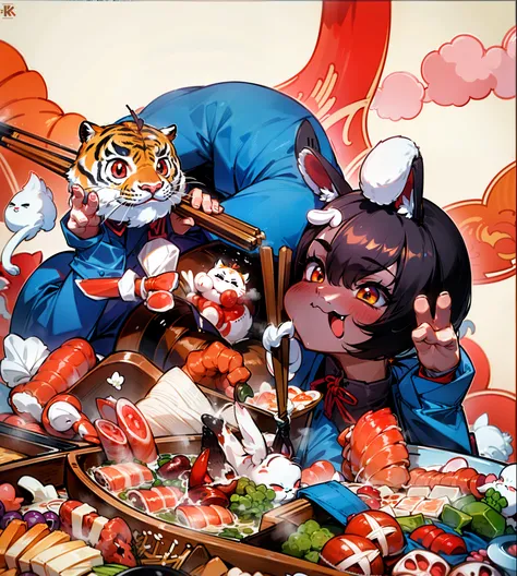 (Best quality at best),(tmasterpiece),high detal,exceedingly_Detailed pubic hair_CG_unified_8K_Wallpapers，A rabbit，one tiger，wearing blue jacket，chopsticks，Eat hot pot，verdure，Flesh，shrimps，sukiyaki，radishes