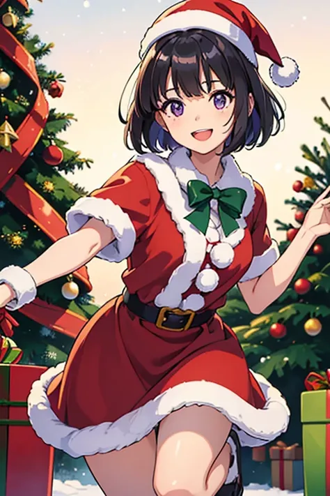 A cheerful girl in a Santa costume, with a red hat with white pompoms, a red coat with fluffy white trim and a wide black belt. She captures the joyful spirit of the holiday season as she poses with a festive smile against a backdrop of holiday decorations...