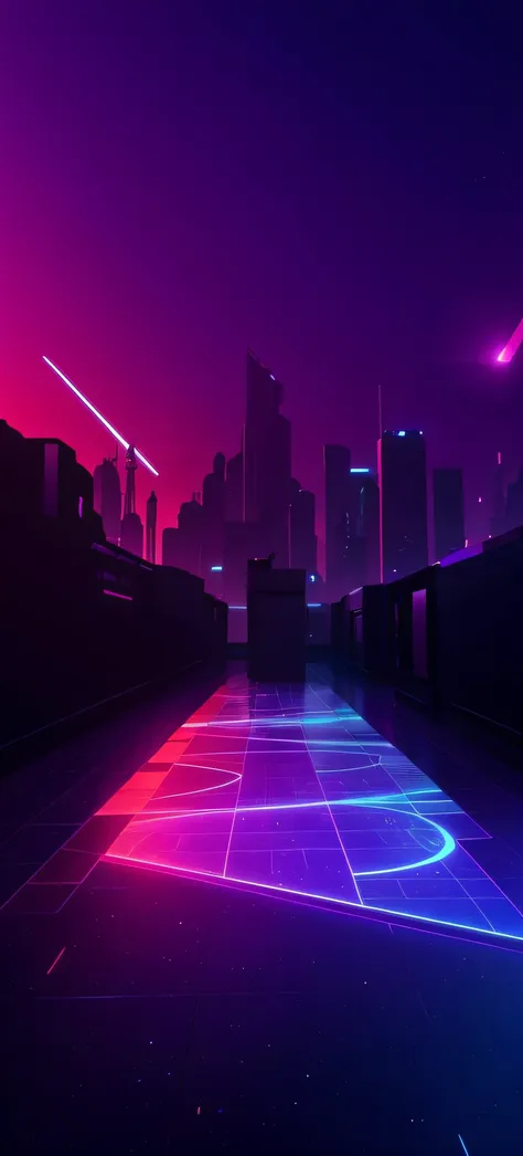 cyberpunk space expansion scene，the city of sunsets，blue-purple color scheme，floor tile projection，city silhouette