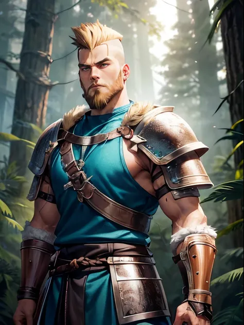 1boy, brown with blonde highlights hair, short loose mohawk, shaved sides of head, full beard, blue eyes, scar on face, tall, average build, wearing Viking armor, leather armor, dungeons and dragons, DnD, D&D, fighter, warrior, Viking, Norse armor, boots, ...